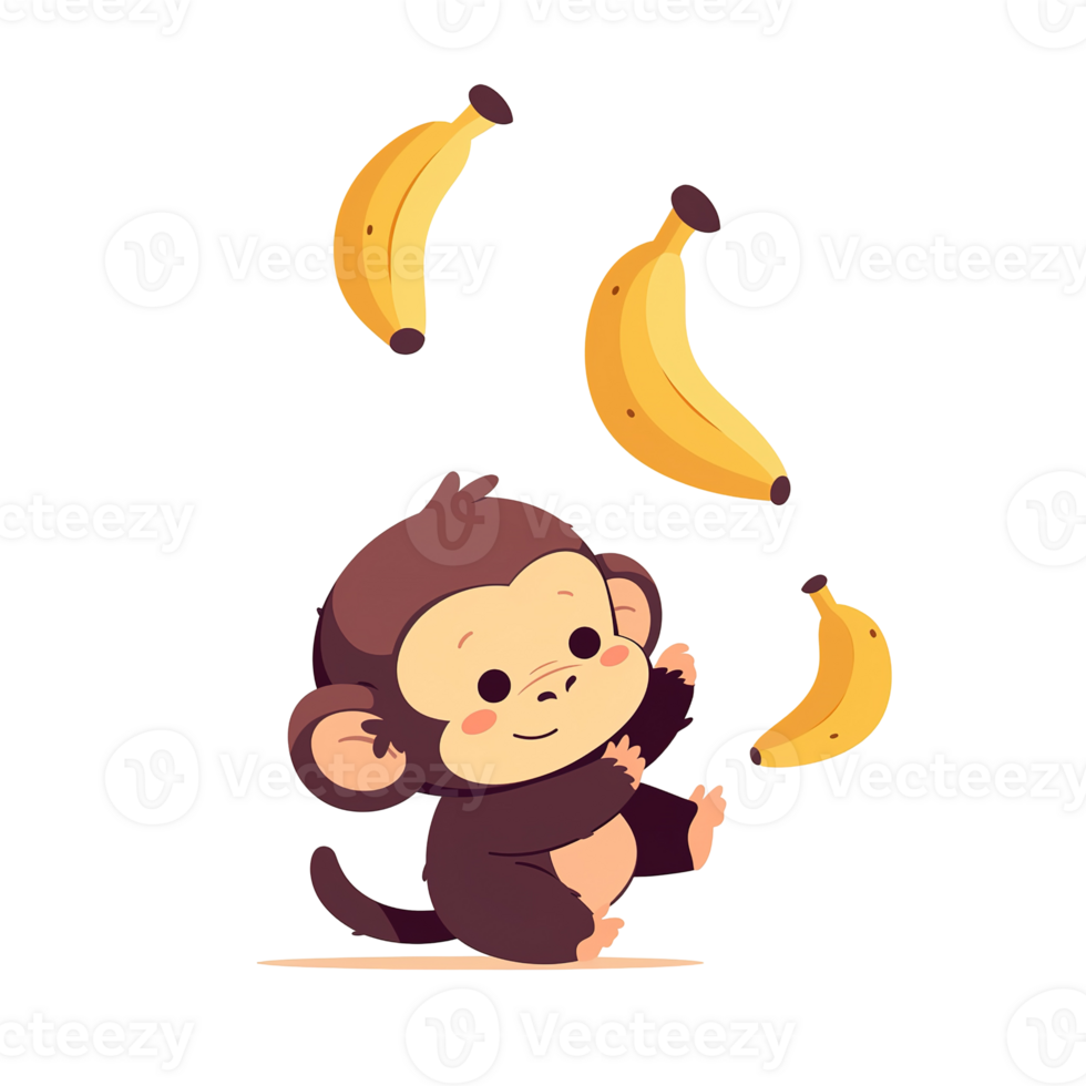 A cute cartoon monkey looking towards fresh yellow bananas png