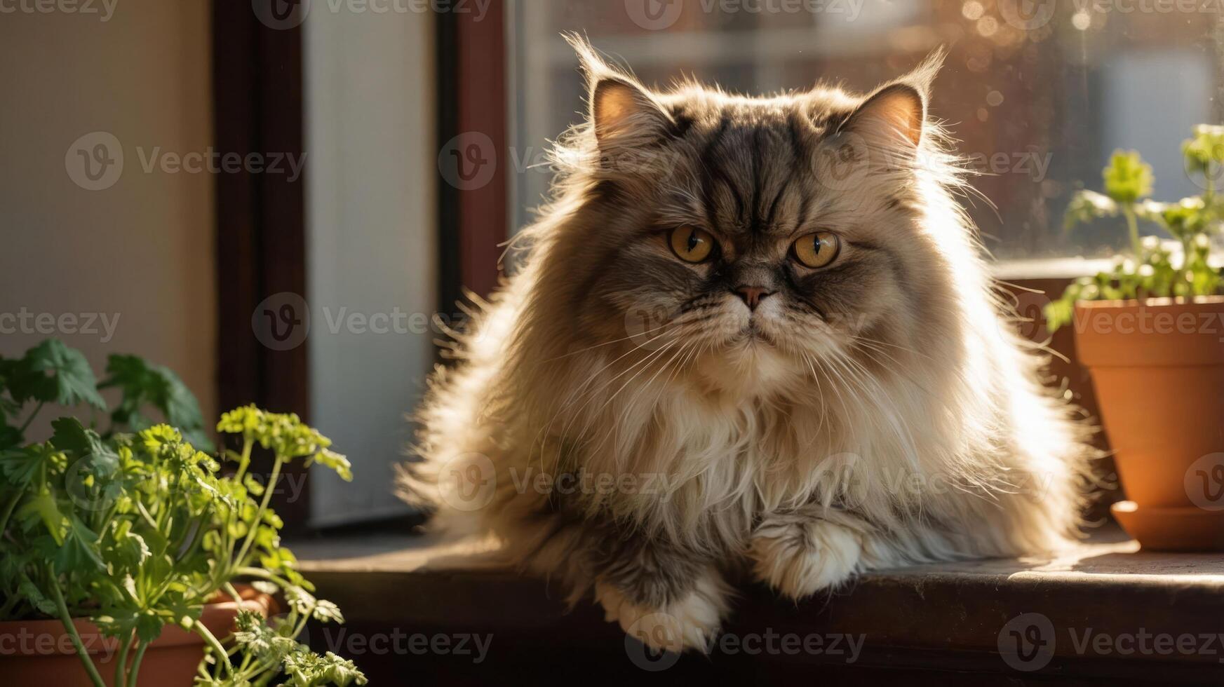 A fluffy Persian cat lounging by a window with potted plants. photo