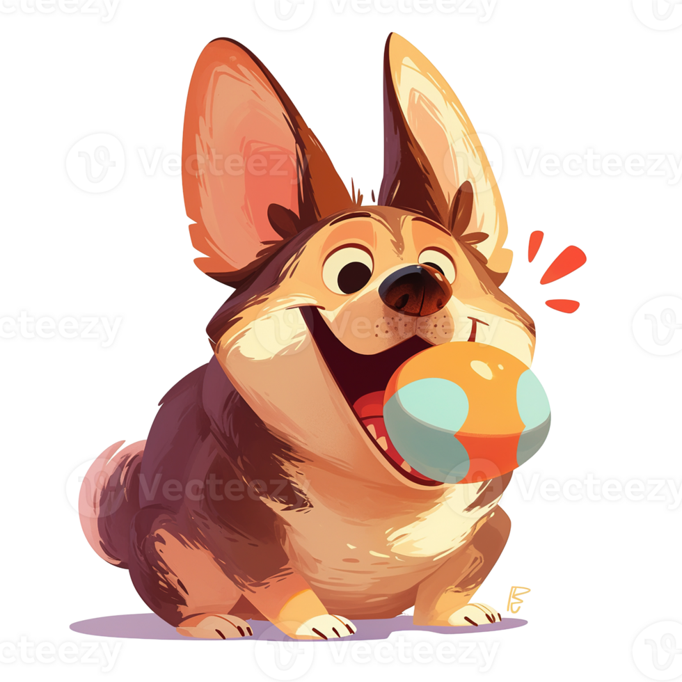 Smiling cartoon dog happily holding a colorful ball in its mouth png