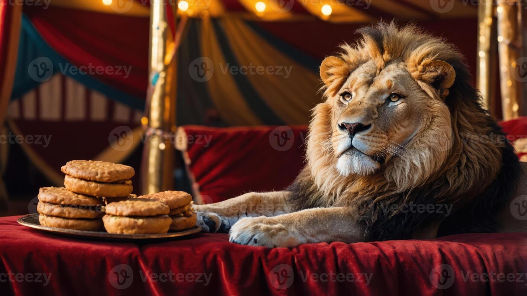 A lion lounging in a circus setting with a plate of cookies. photo