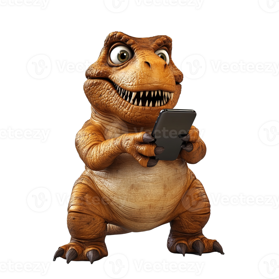 A cartoon dinosaur character using a modern mobile phone device png