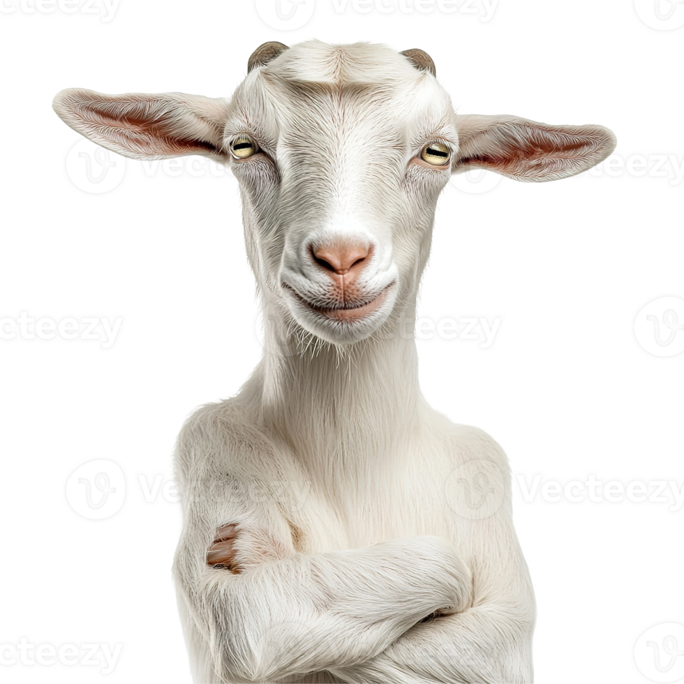 A photorealistic portrait showing a smiling white goat looking forward png