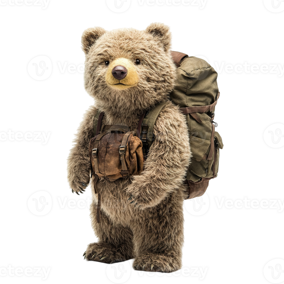 A brown teddy bear stands ready with gear for an adventure png