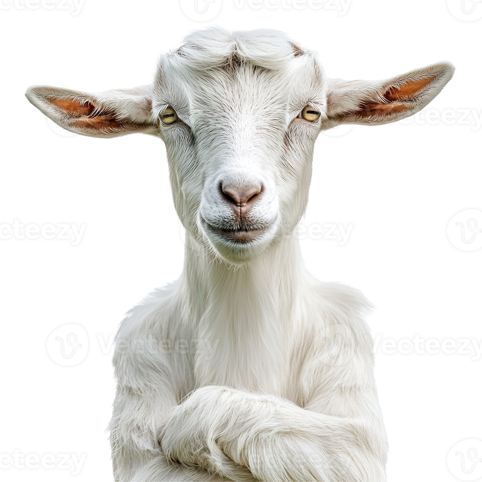 A smug white goat stands with arms crossed confidently facing the camera png
