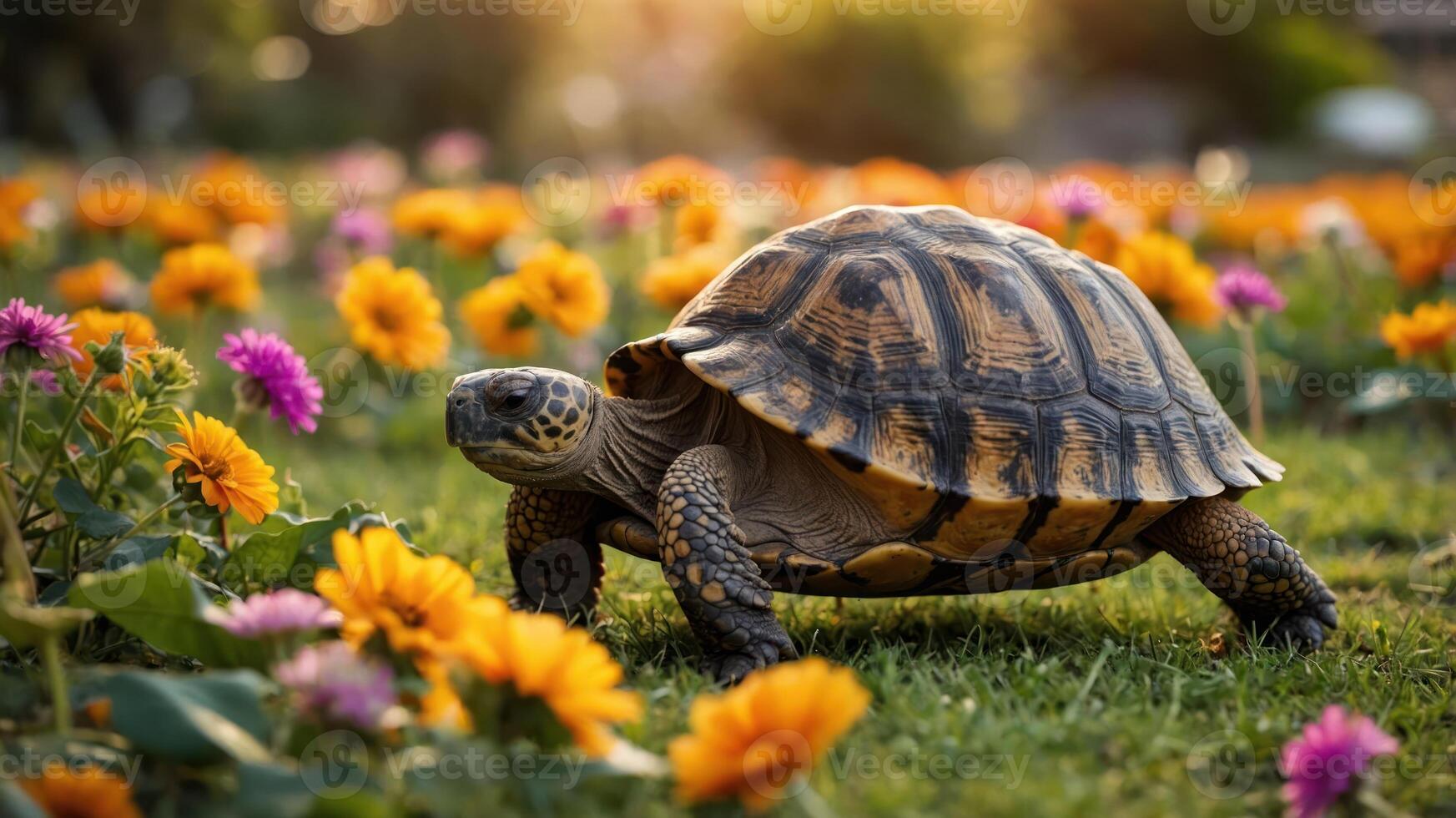 A turtle walking through a vibrant garden filled with colorful flowers. photo