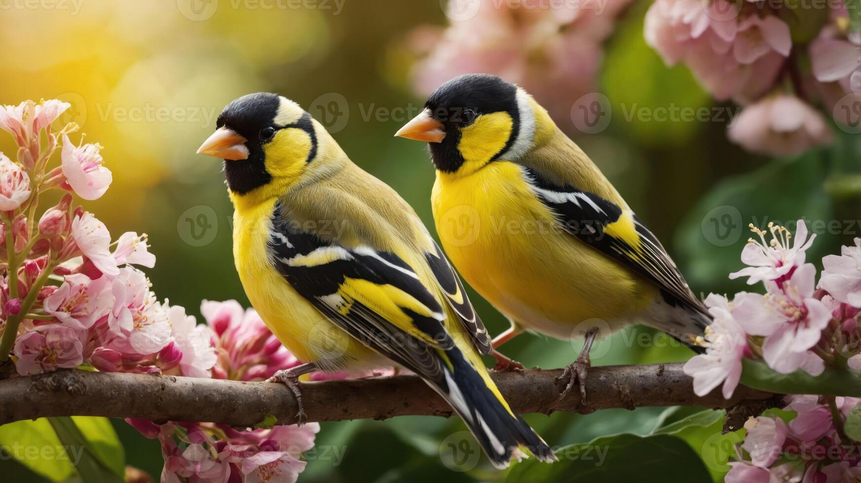 Two vibrant birds perched on a branch surrounded by pink blossoms in a serene setting. photo