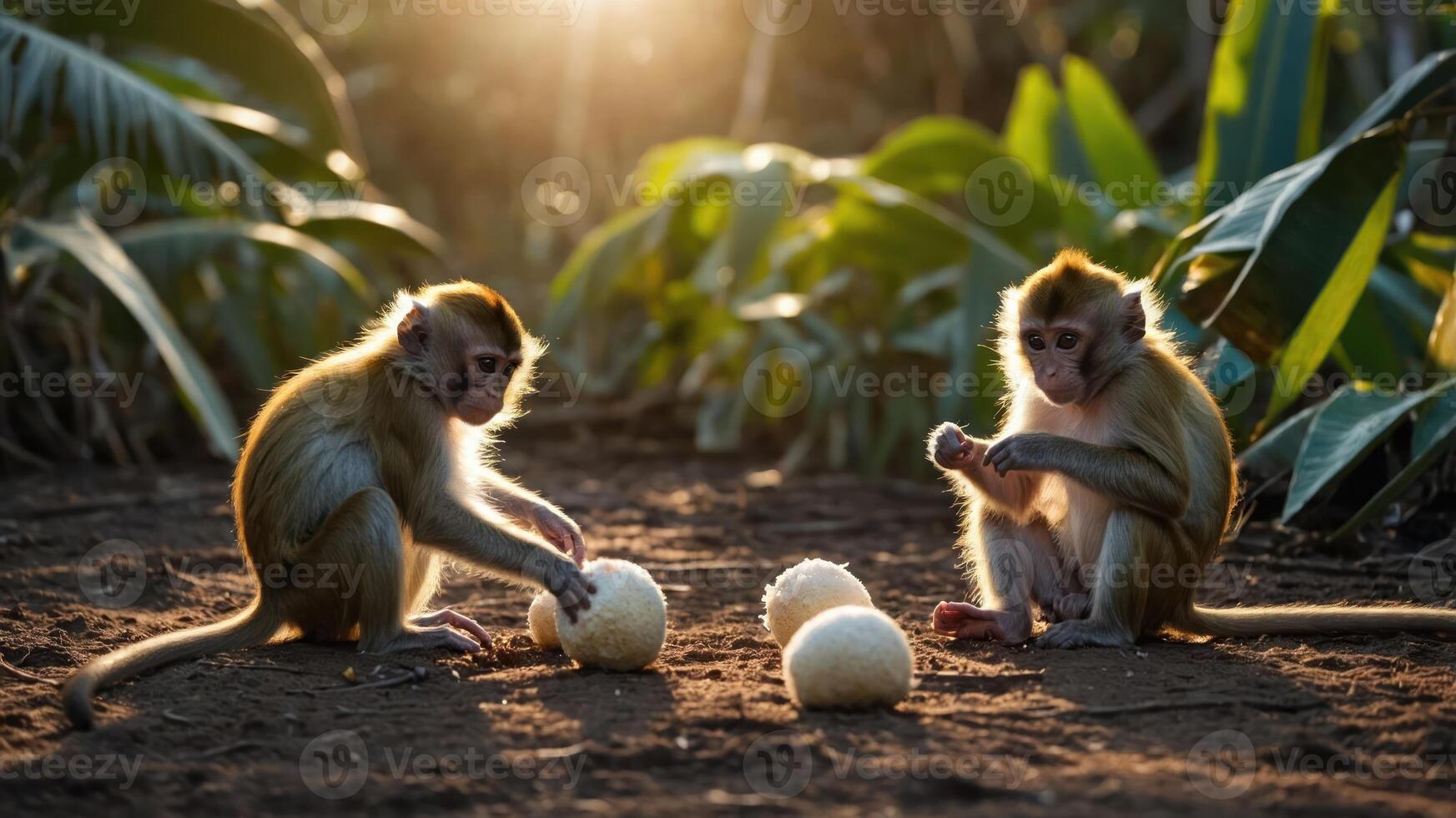 Two monkeys play with white objects in a sunlit, lush environment. photo