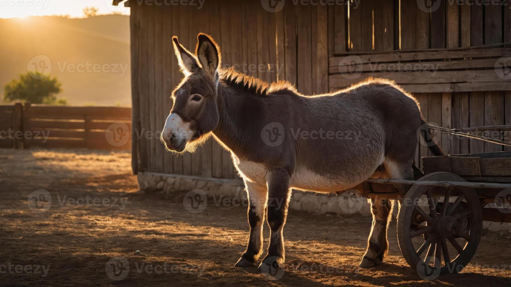 A donkey stands beside a cart in a rustic setting during sunset. photo