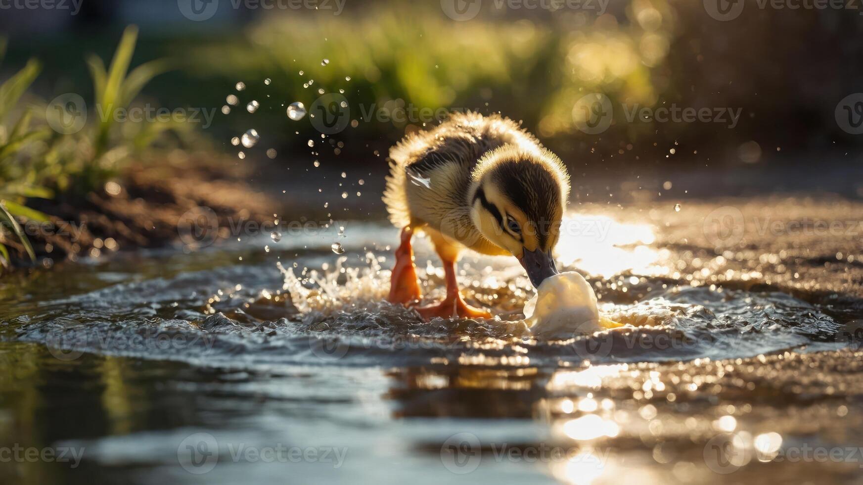 A duckling splashes in water, curiously exploring its surroundings. photo