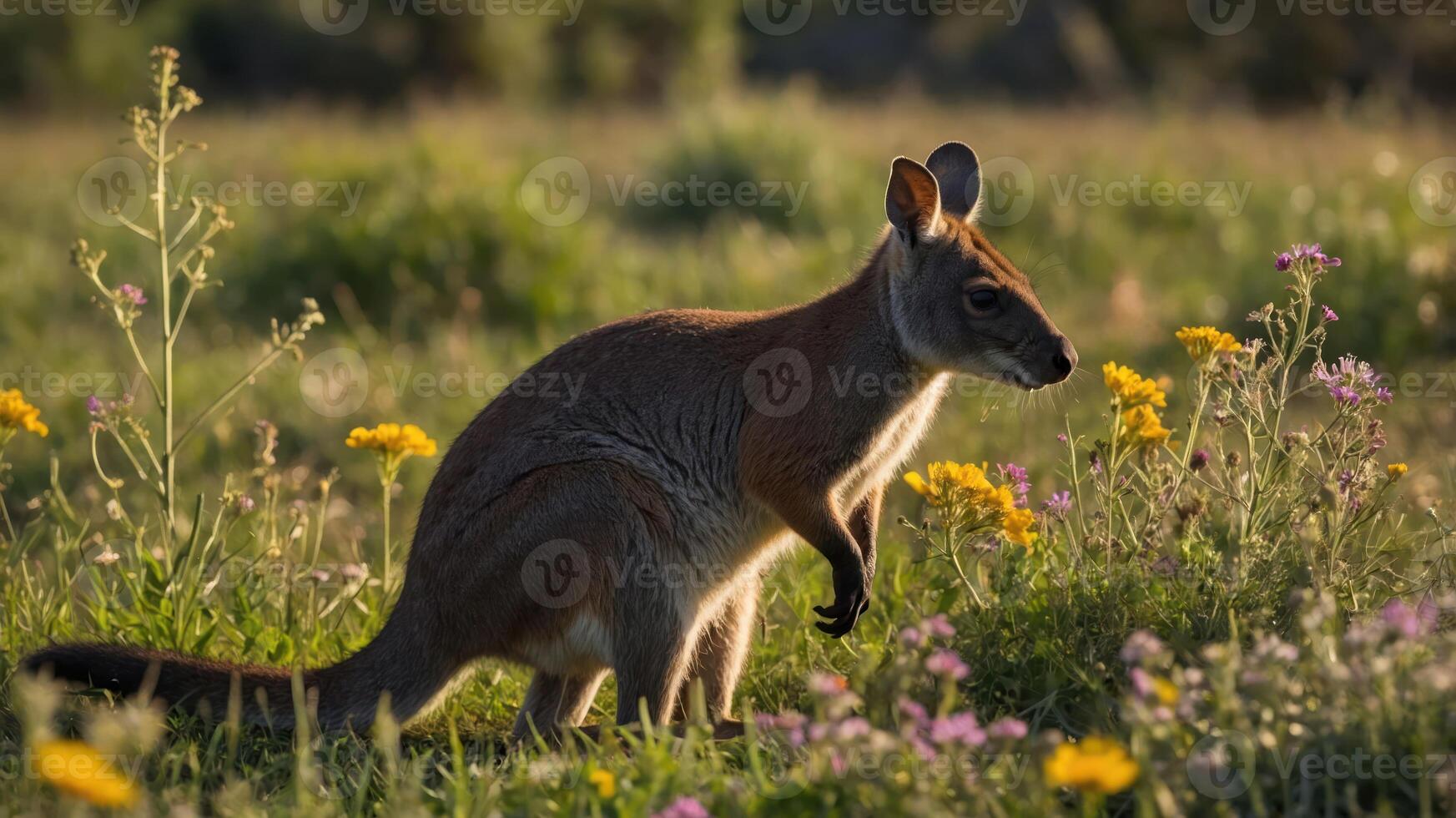 A kangaroo stands amidst colorful wildflowers in a sunlit field. photo