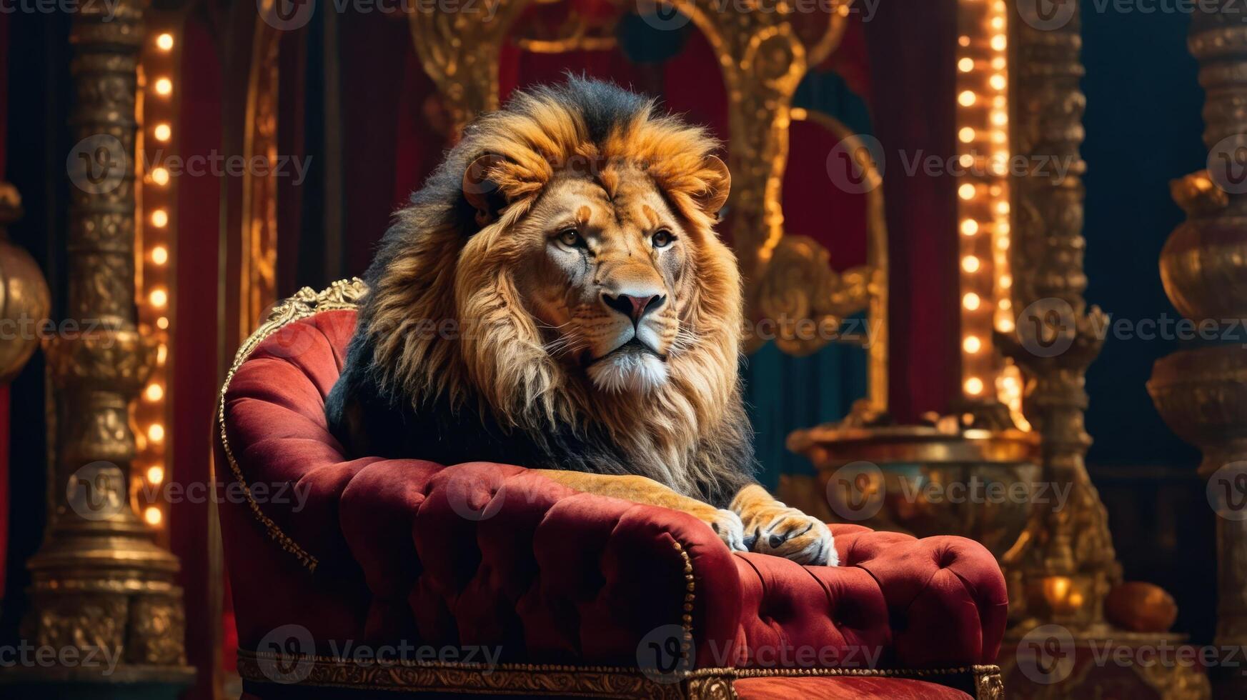 A majestic lion reclines on an ornate red chair, exuding regality and power. photo