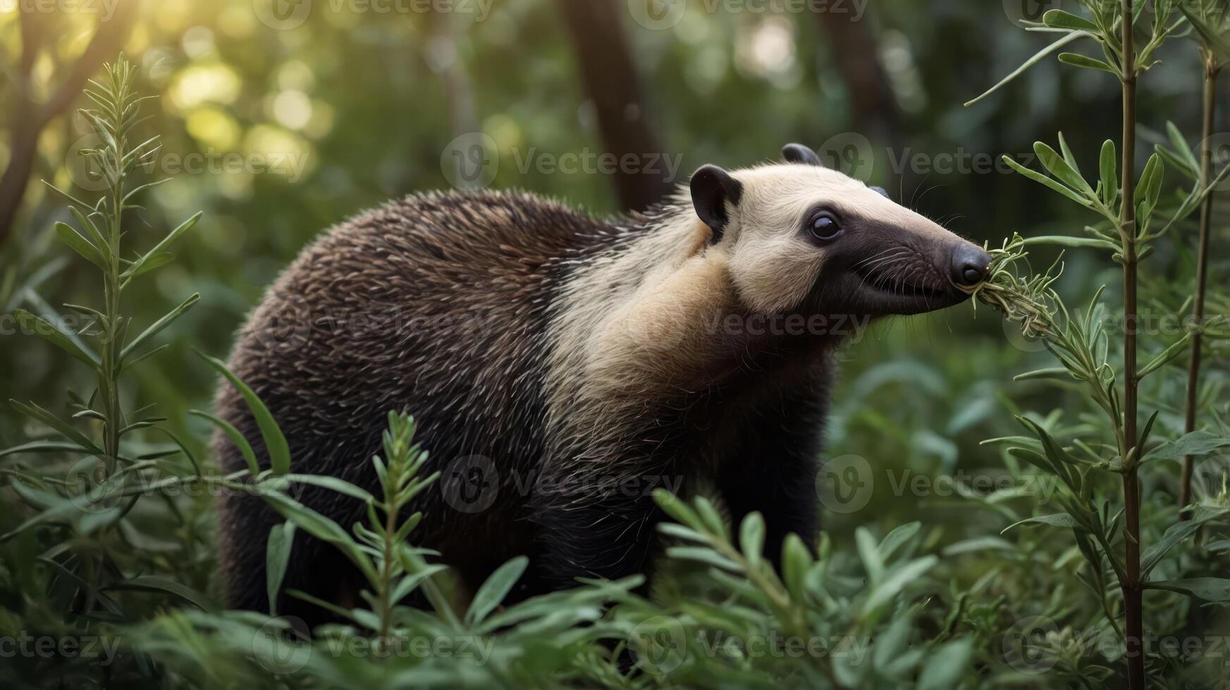 A close-up of a honey badger in a lush, green environment, showcasing its natural habitat. photo