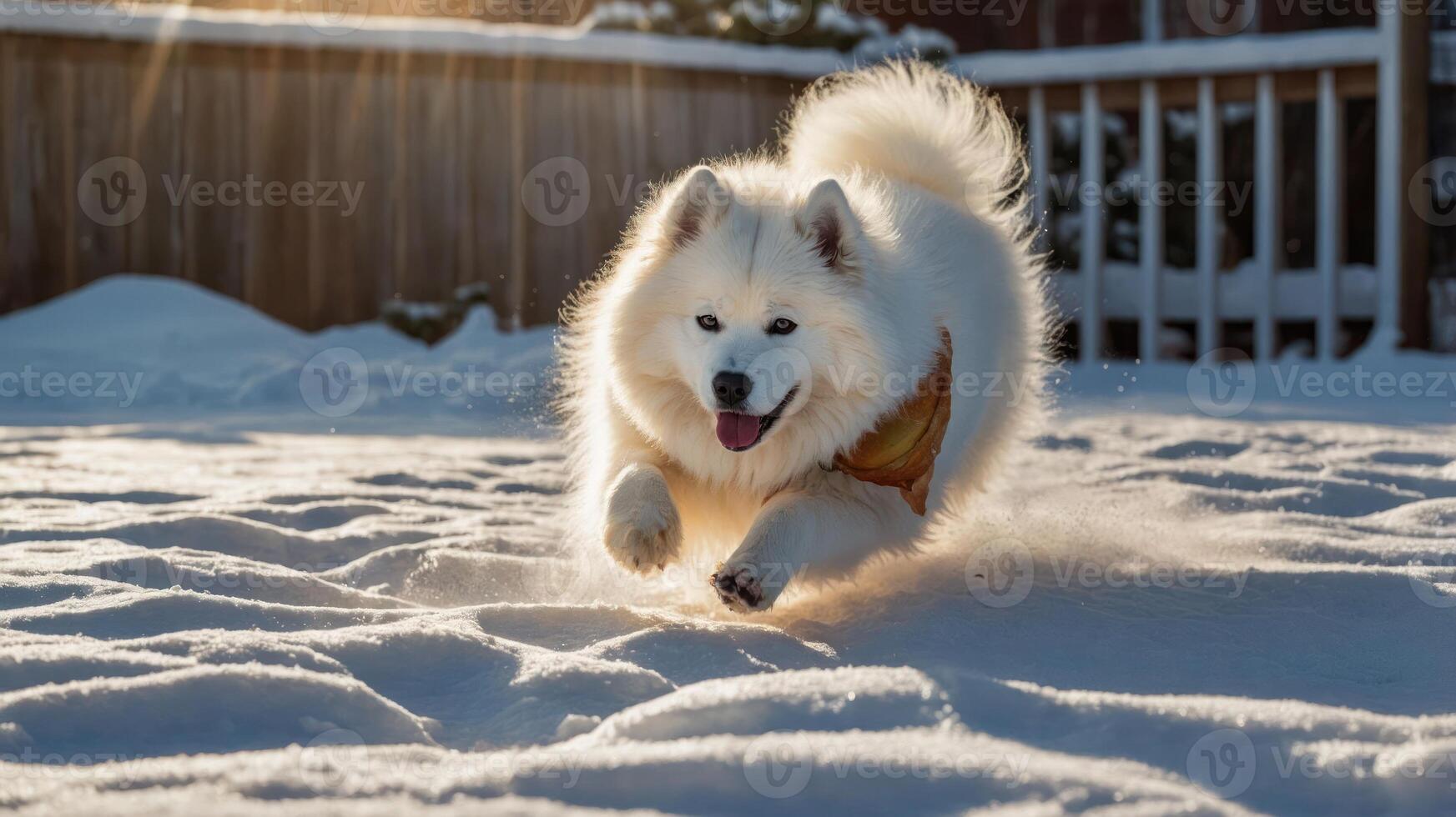 A playful Samoyed dog running joyfully through a snowy landscape. photo