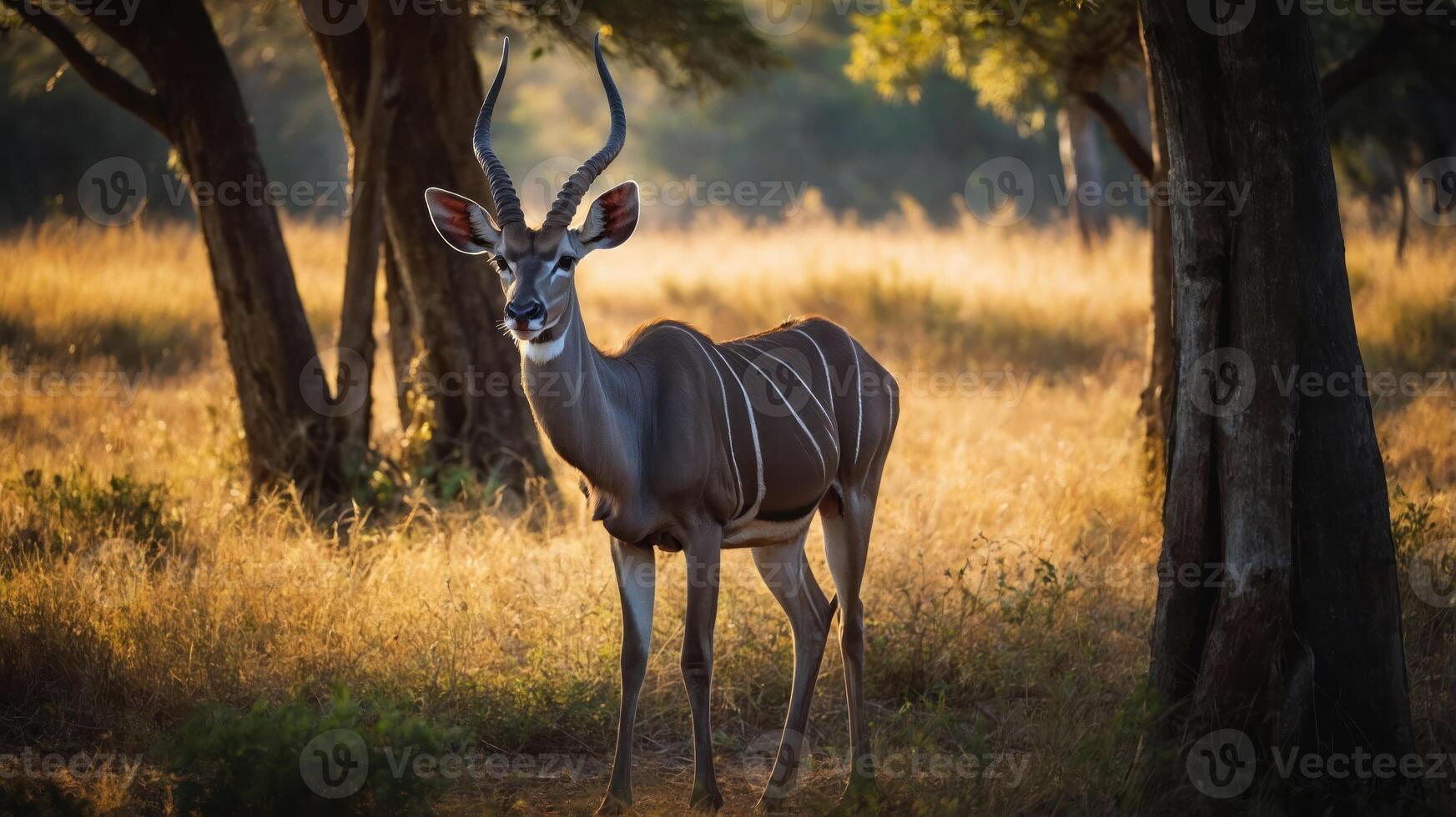 A kudu stands gracefully in a sunlit savanna, showcasing its majestic horns and stripes. photo