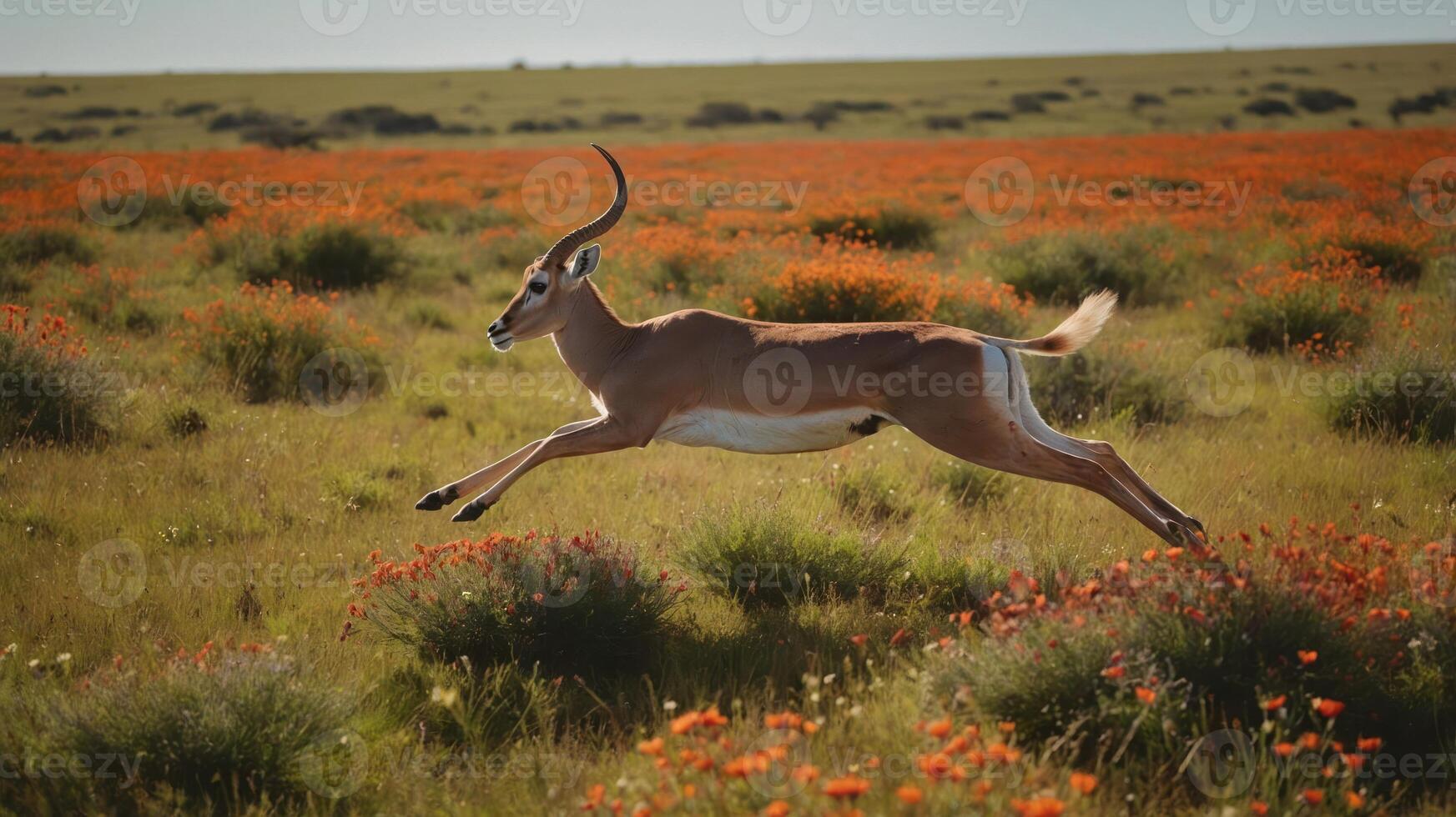 A graceful antelope leaps through a vibrant field of blooming flowers. photo