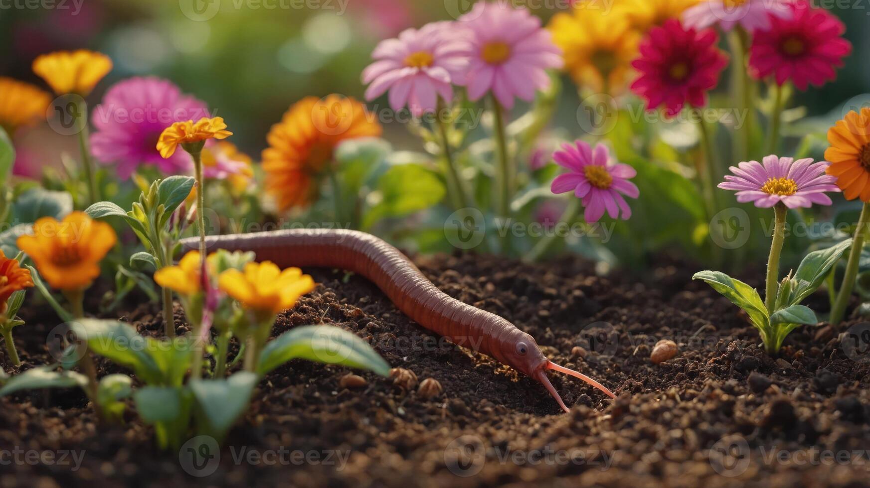 A worm in a garden surrounded by colorful flowers and soil. photo