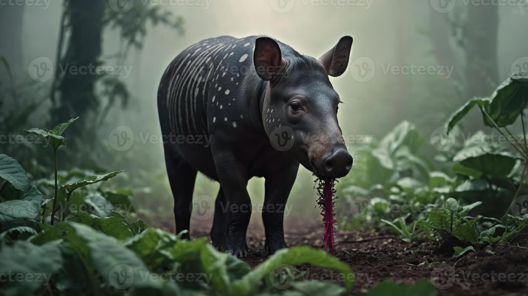 A tapir standing in a misty forest, surrounded by lush greenery. photo