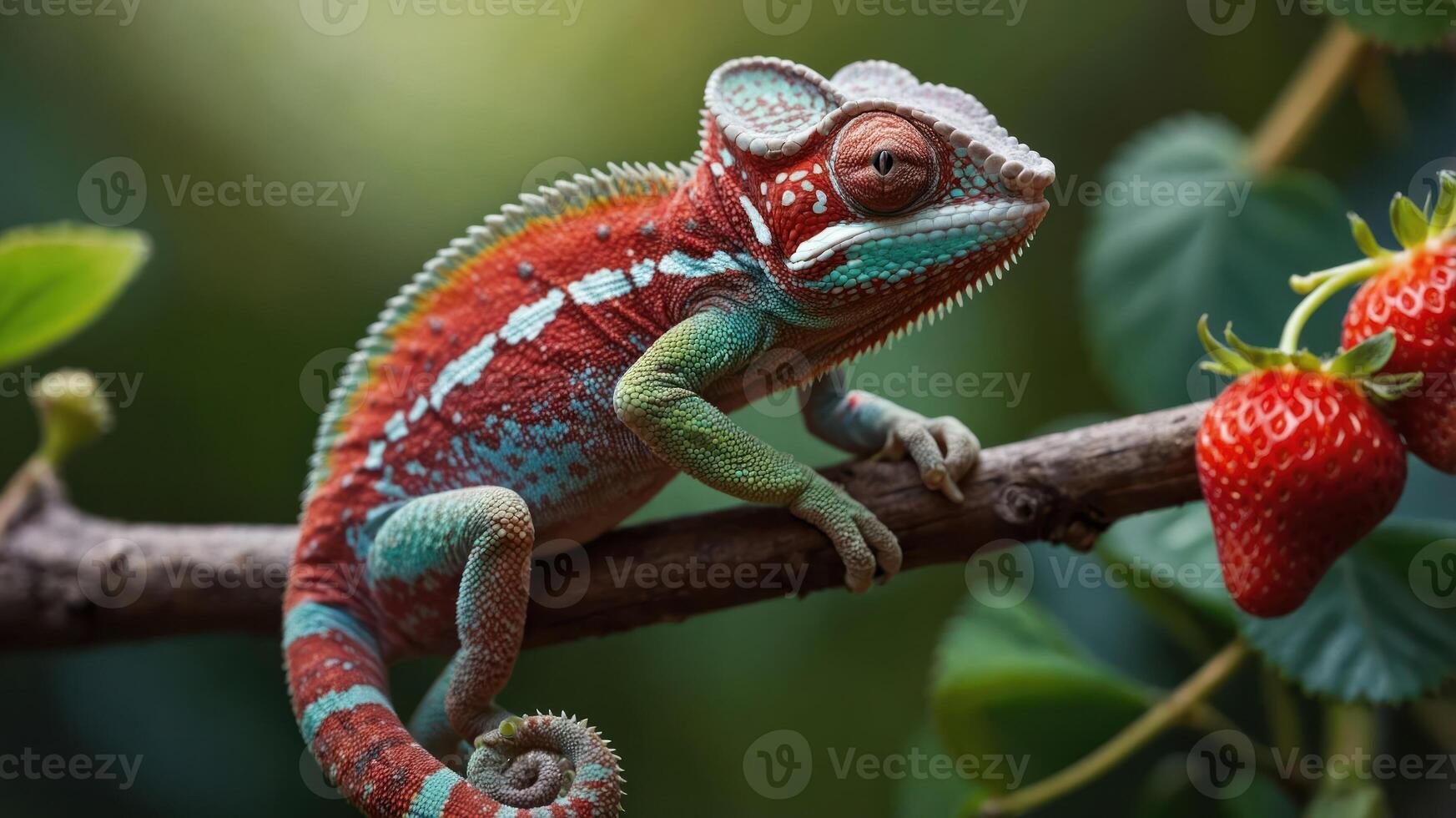 A colorful chameleon perched on a branch near ripe strawberries. photo