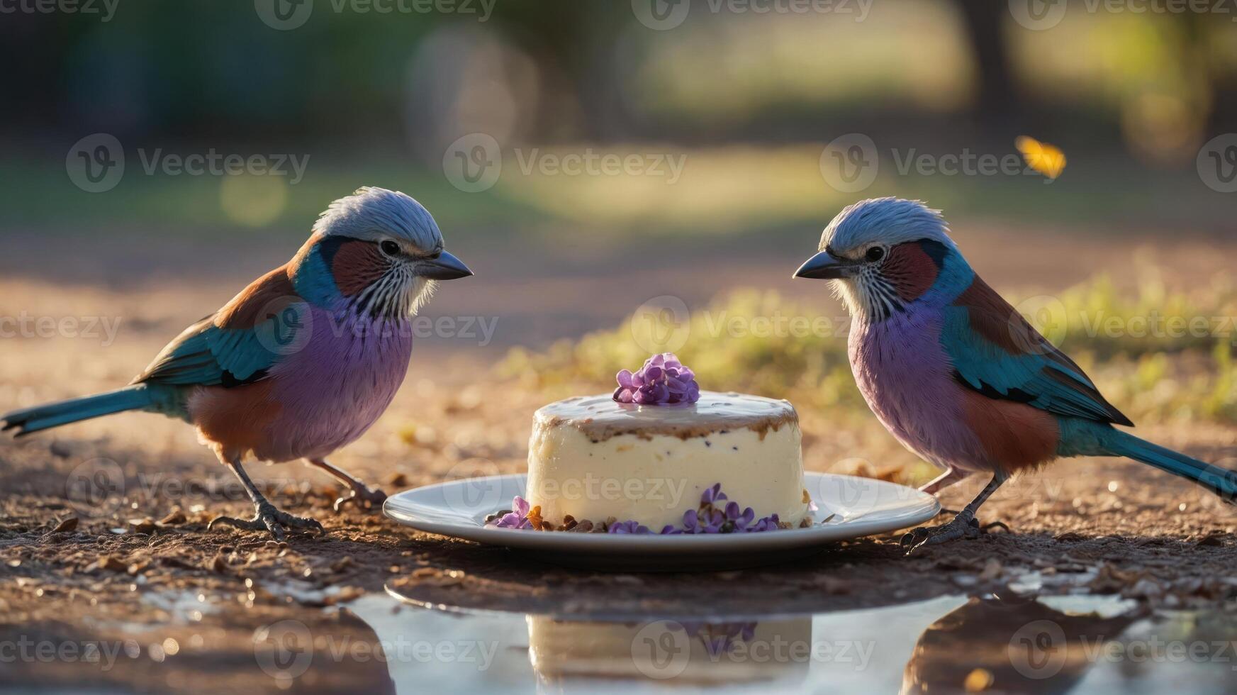 Two colorful birds admire a dessert on a plate in a serene outdoor setting. photo