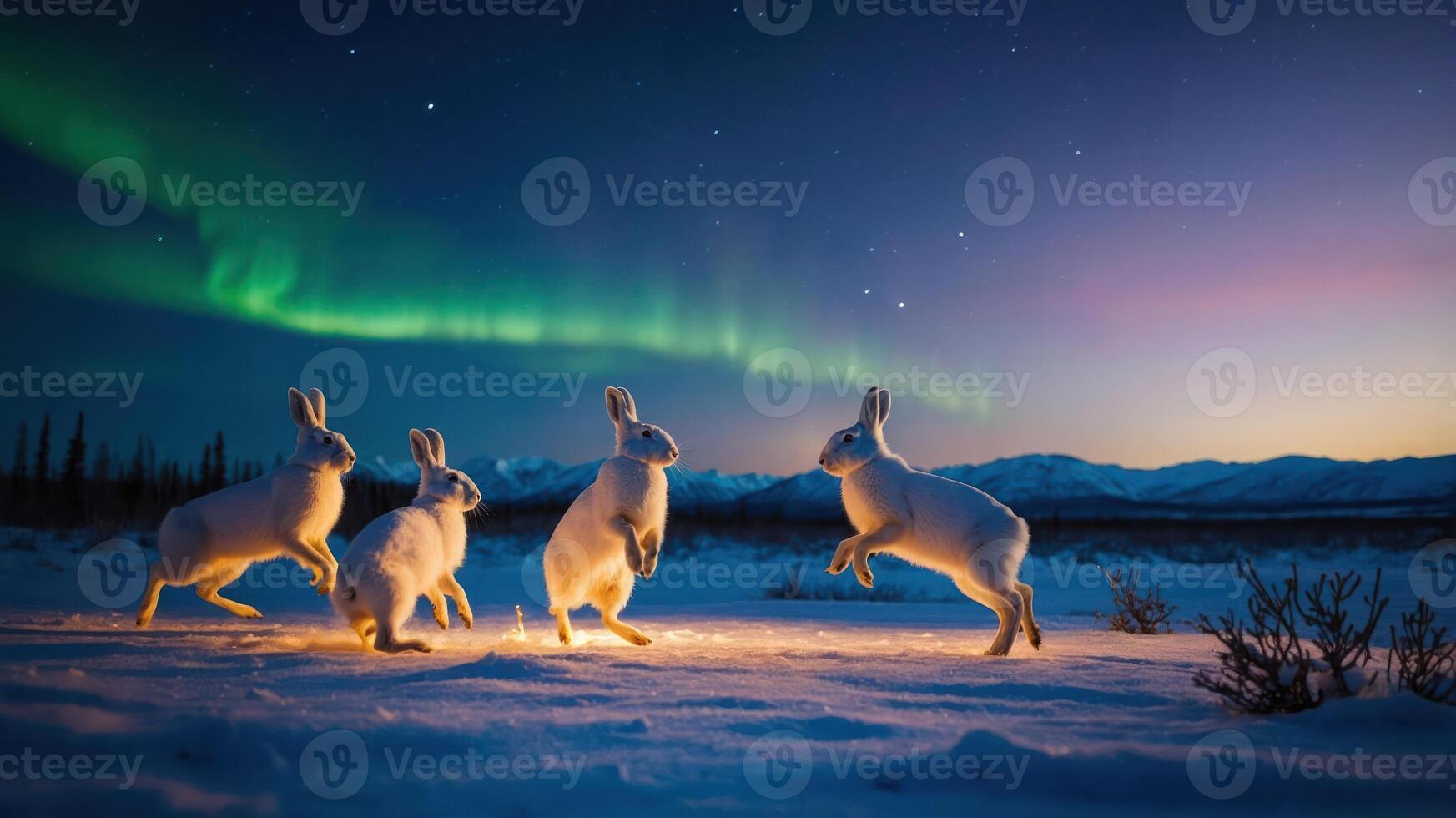 Four white rabbits play in the snow under a colorful aurora borealis at twilight. photo