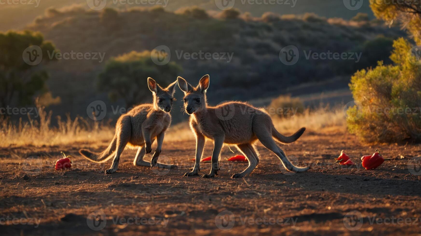 Two kangaroos stand in a sunlit landscape, surrounded by nature and scattered objects. photo