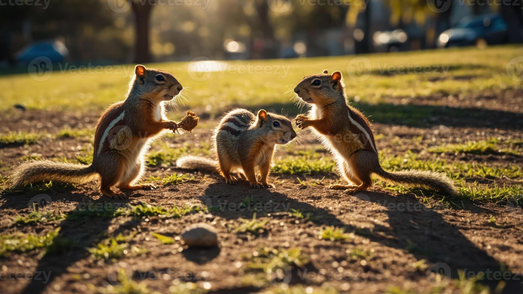 Three squirrels interacting in a sunlit park, showcasing playful behavior. photo