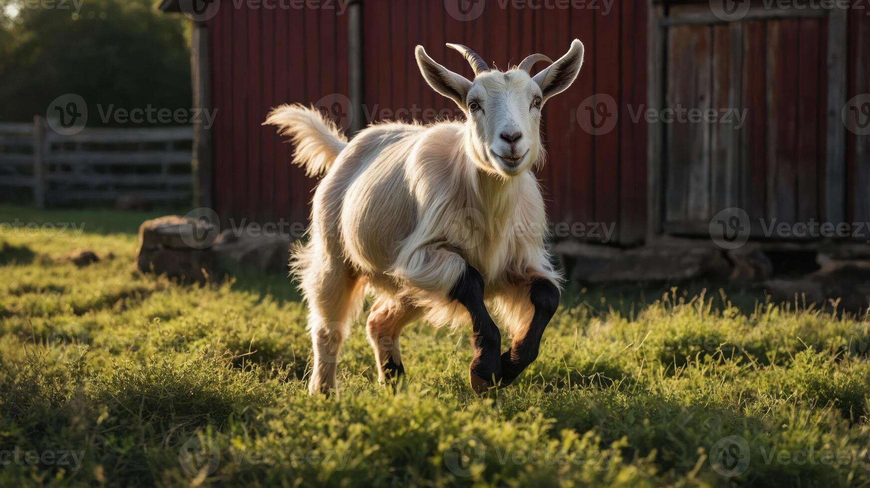 A playful goat runs through a grassy field near a rustic barn. photo