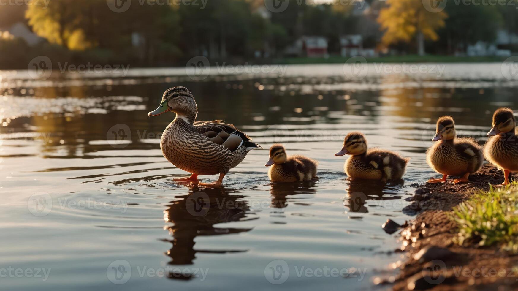 A mother duck and her ducklings wade in a serene lake during sunset. photo