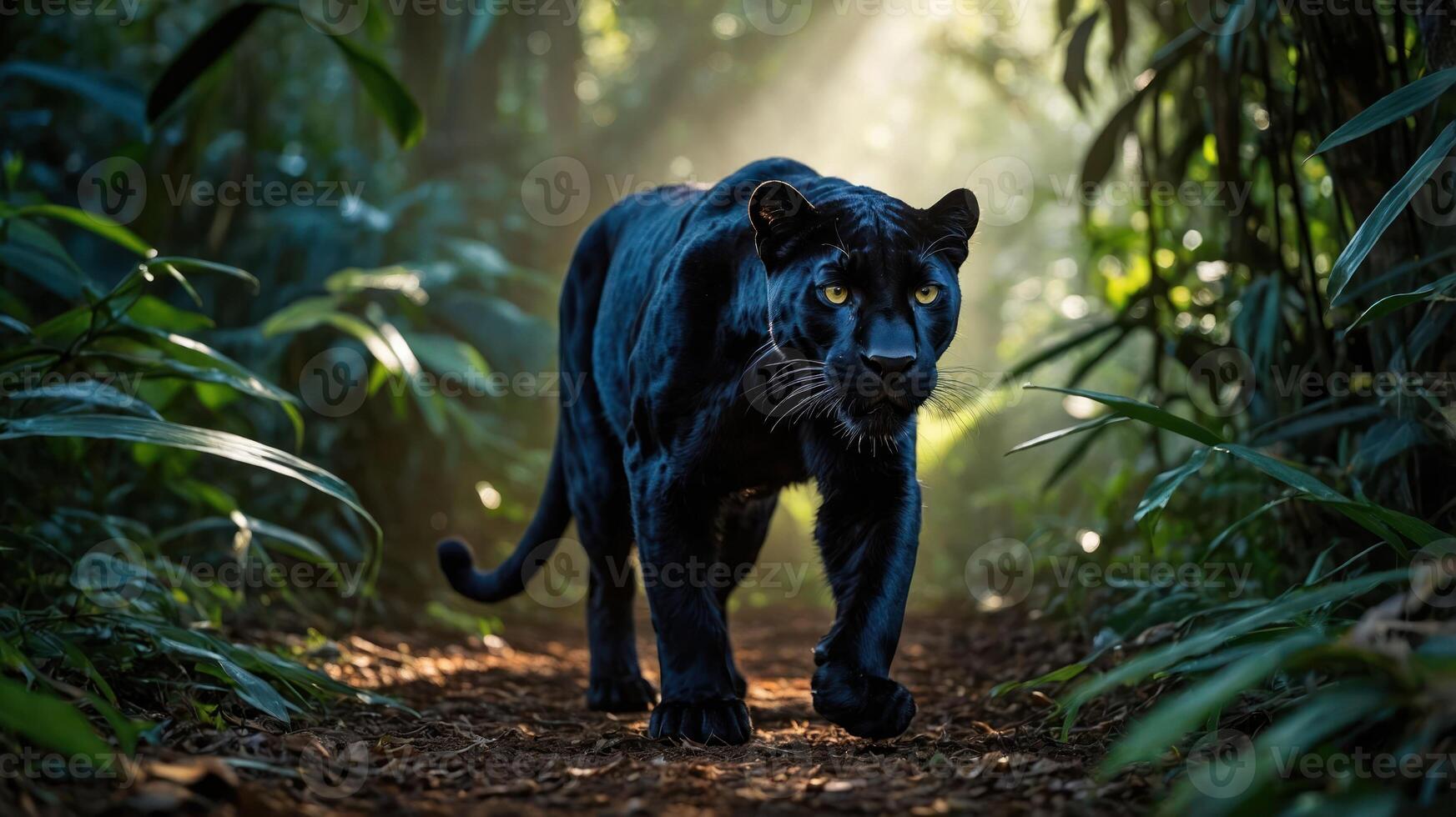 A black panther walks through a lush jungle, illuminated by soft beams of sunlight. photo