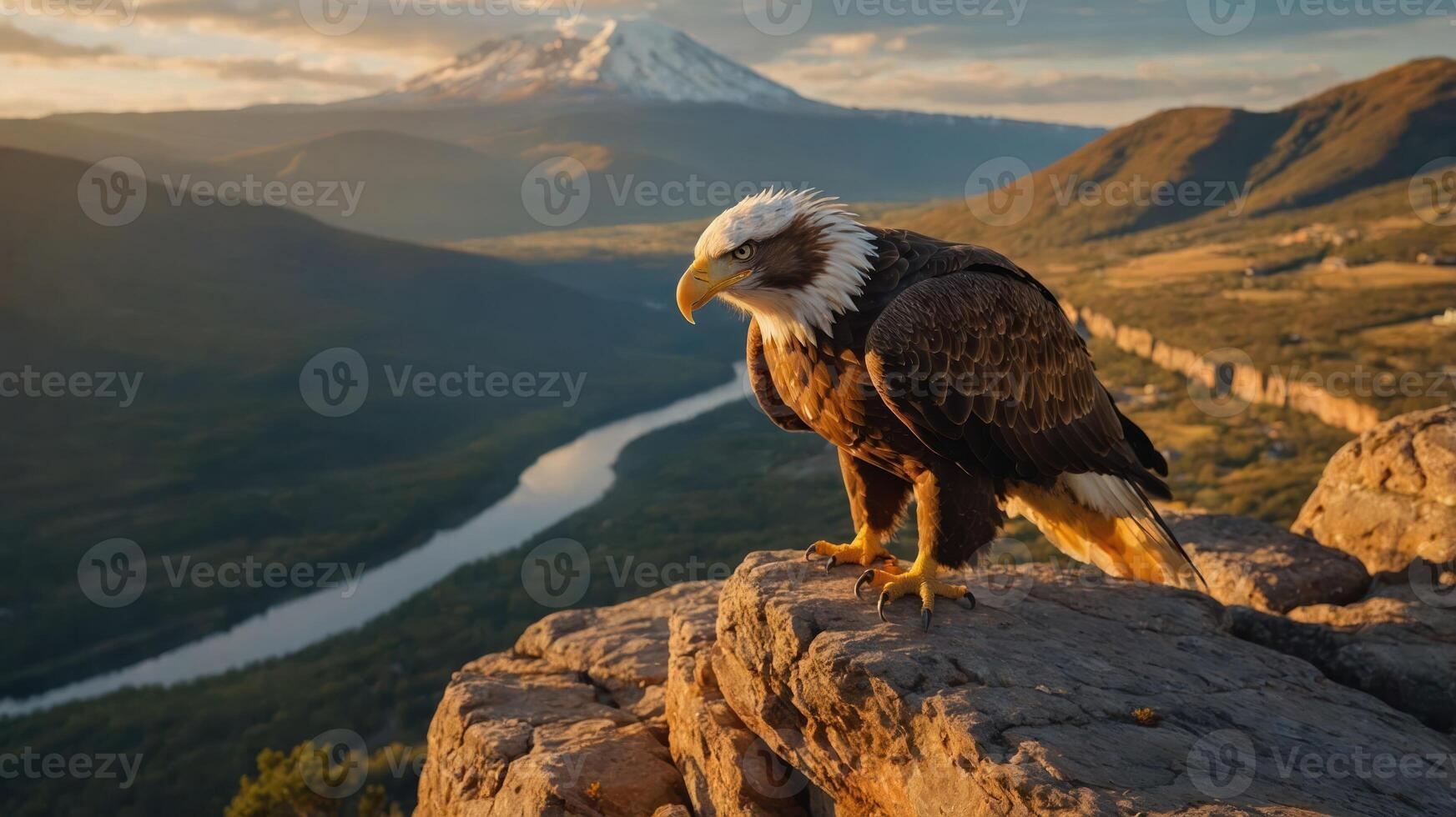 A majestic eagle perched on a rocky ledge with a mountain backdrop at sunset. photo