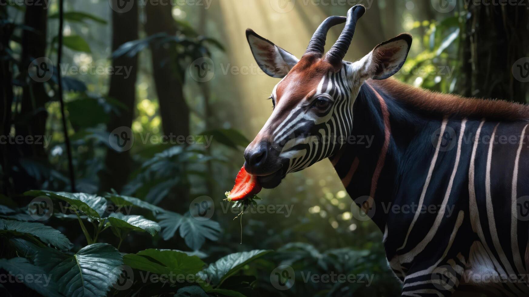 A close-up of an okapi in a lush jungle, enjoying a piece of fruit. photo