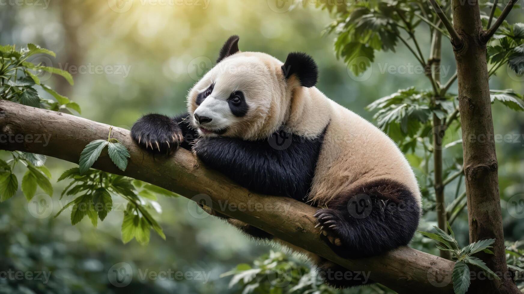 A giant panda lounging on a tree branch in a lush green environment. photo