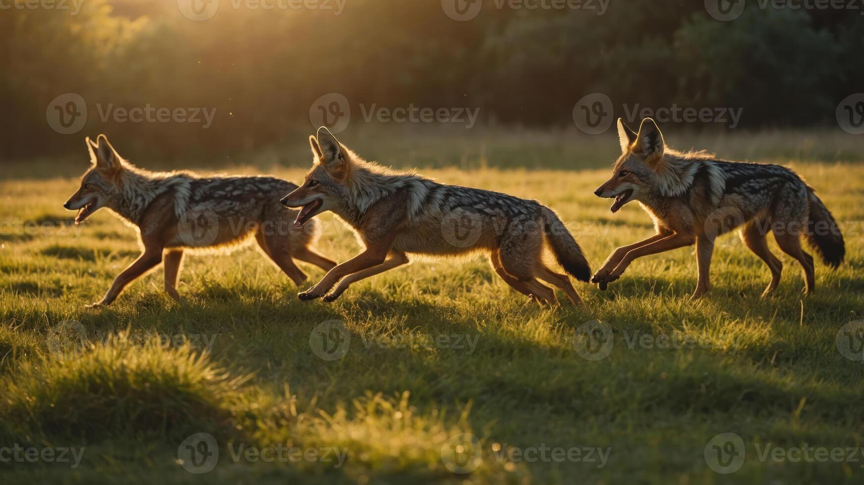 Three coyotes running through a sunlit grassy field. photo