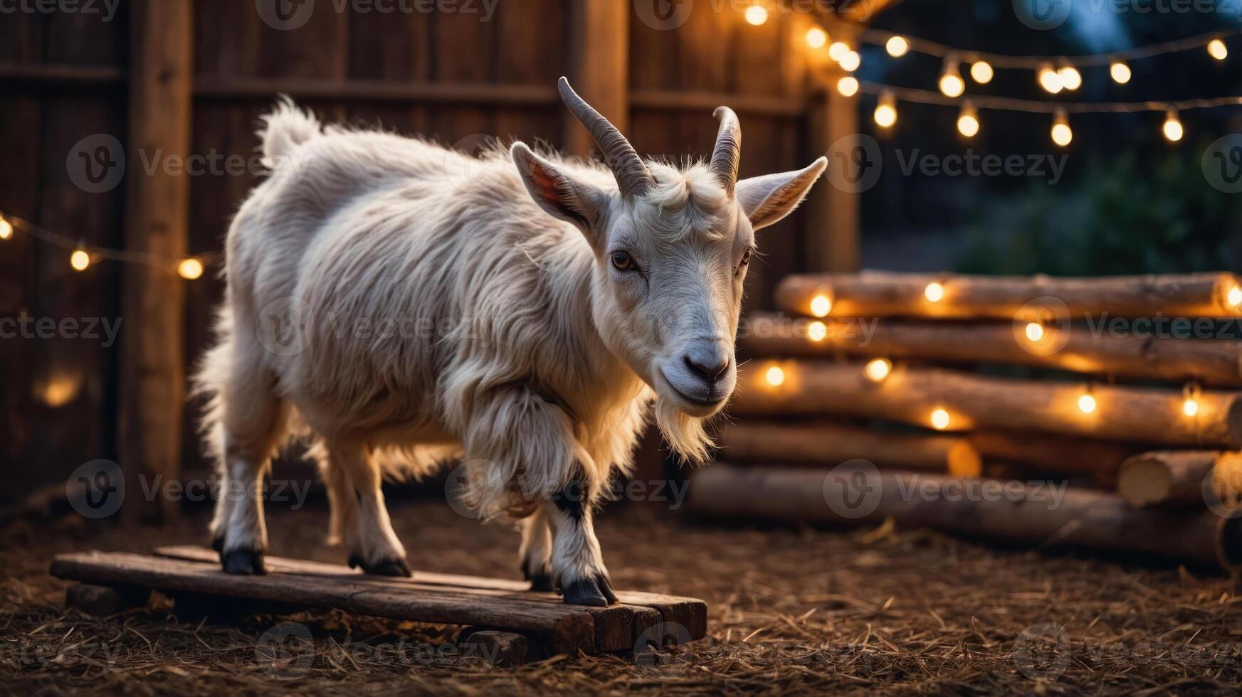 A fluffy goat stands on a wooden platform surrounded by warm string lights in a cozy setting. photo