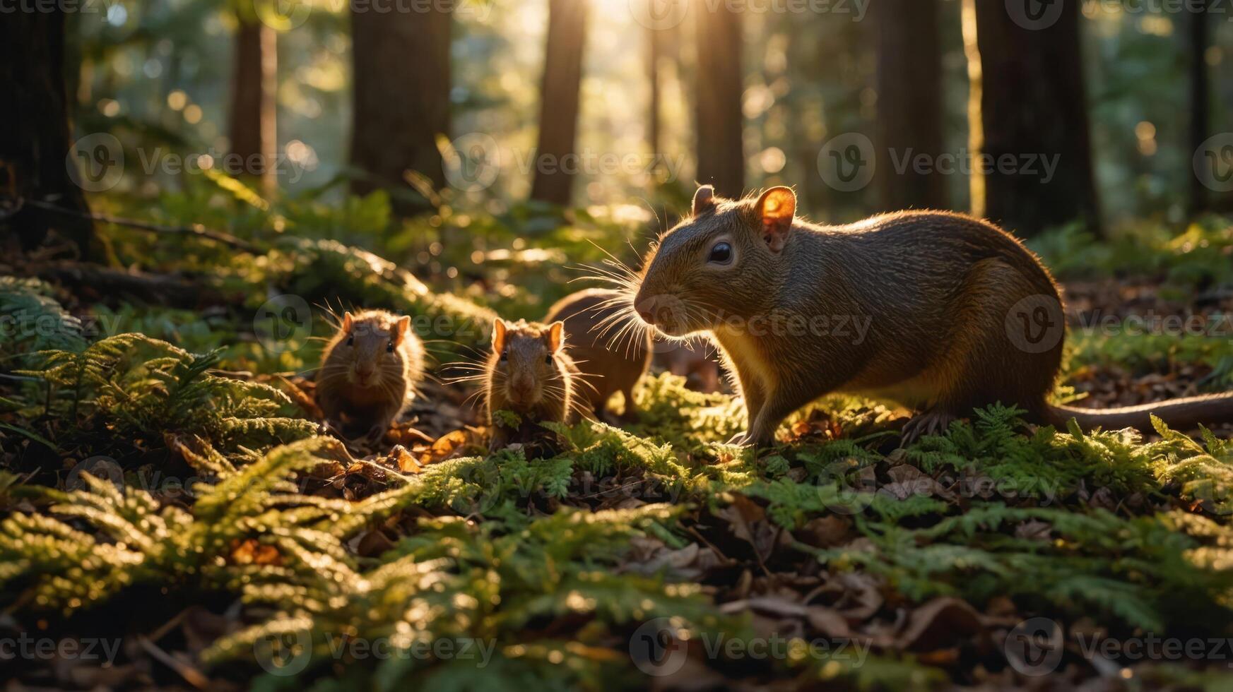 A family of small rodents forages in a sunlit forest, surrounded by ferns and greenery. photo