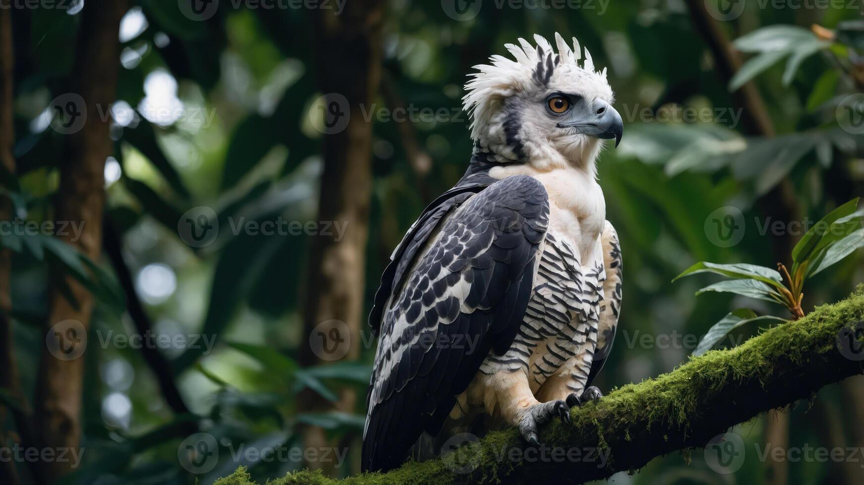 A majestic bird perched on a mossy branch in a lush forest environment. photo
