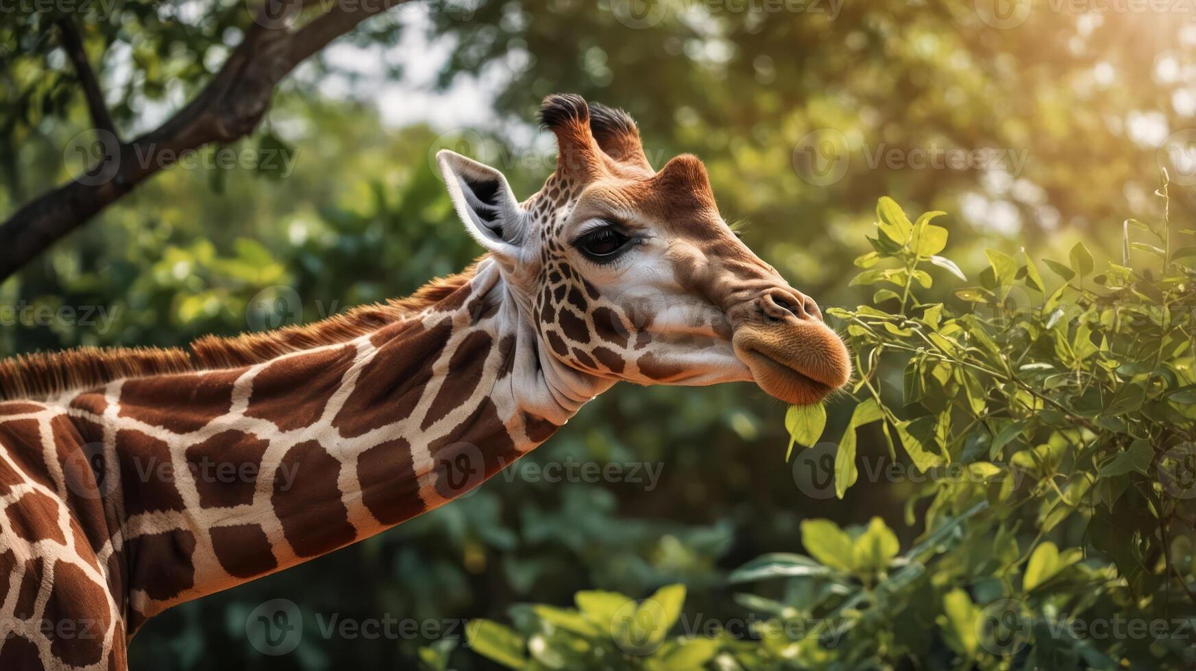 A giraffe munching on leaves in a lush green environment. photo