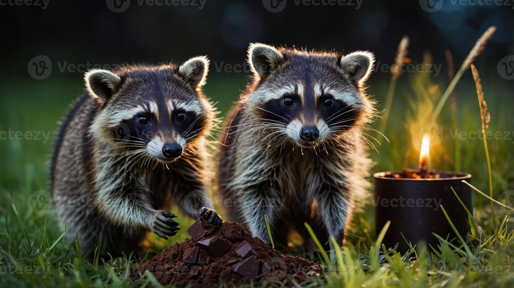 Two raccoons curiously explore a mound of chocolate near a candle in a grassy setting. photo