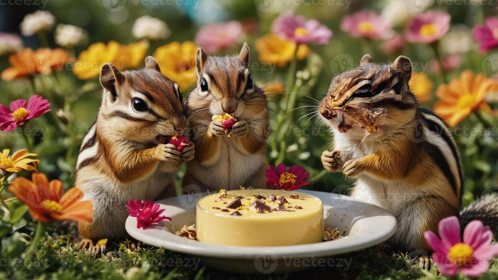 Three chipmunks enjoy a treat surrounded by colorful flowers. photo