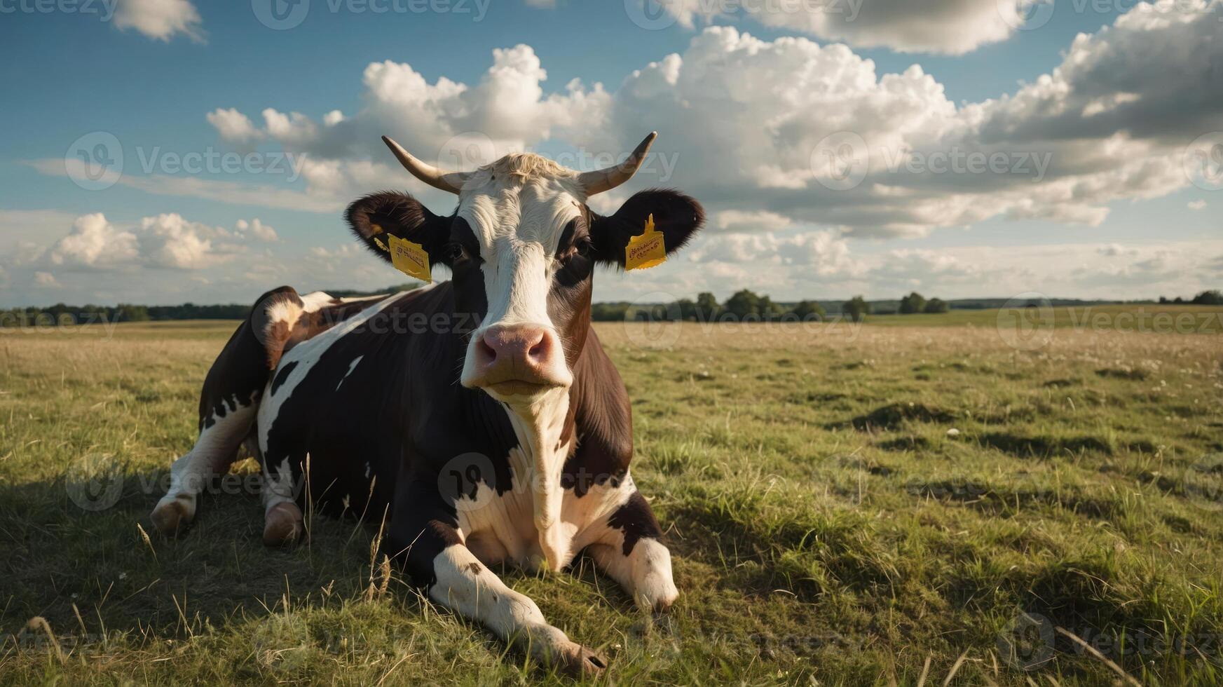A resting cow in a grassy field under a blue sky with clouds. photo