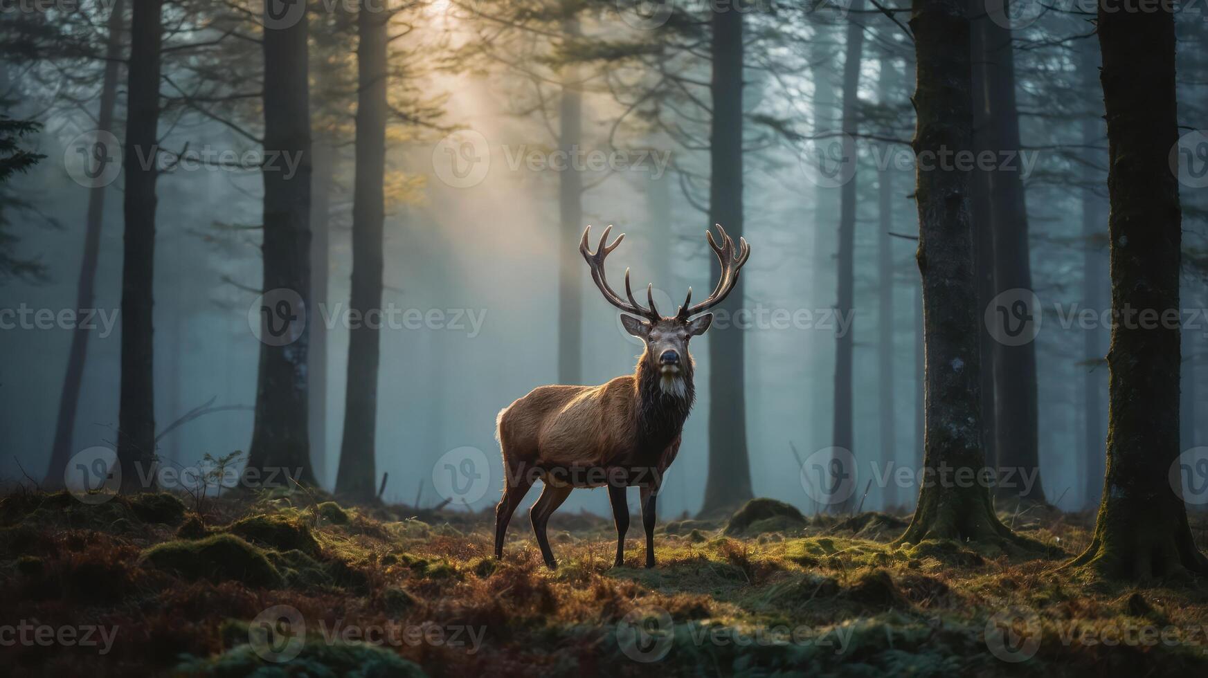 A majestic stag stands in a misty forest, illuminated by soft sunlight. photo
