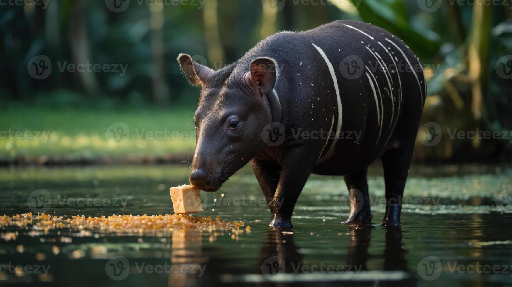 A tapir stands in water, interacting with a floating object amidst lush greenery. photo