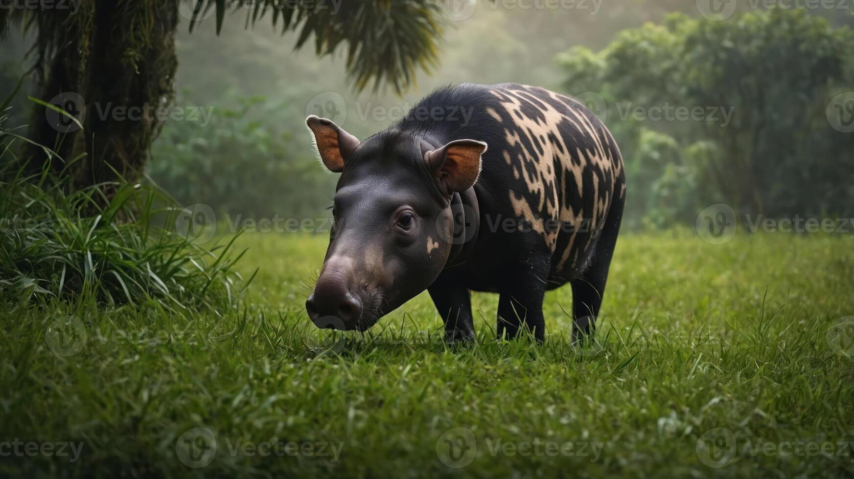 A close-up of a black and spotted animal grazing in a lush, green environment. photo