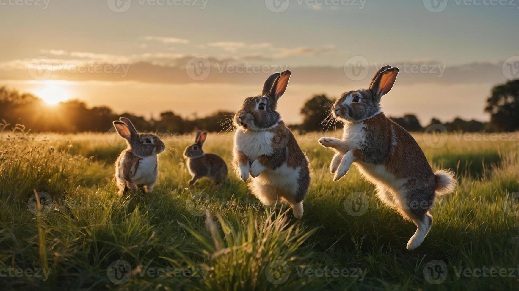 A group of rabbits playfully hopping in a sunlit grassy field during sunset. photo