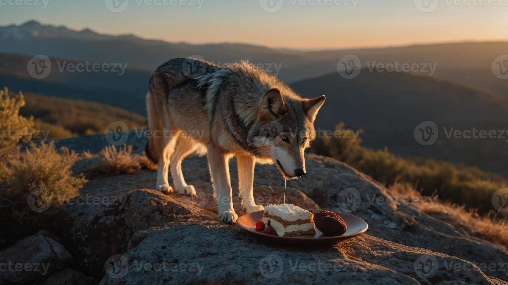 A wolf stands on a rock, curiously inspecting a plate of food at sunset. photo