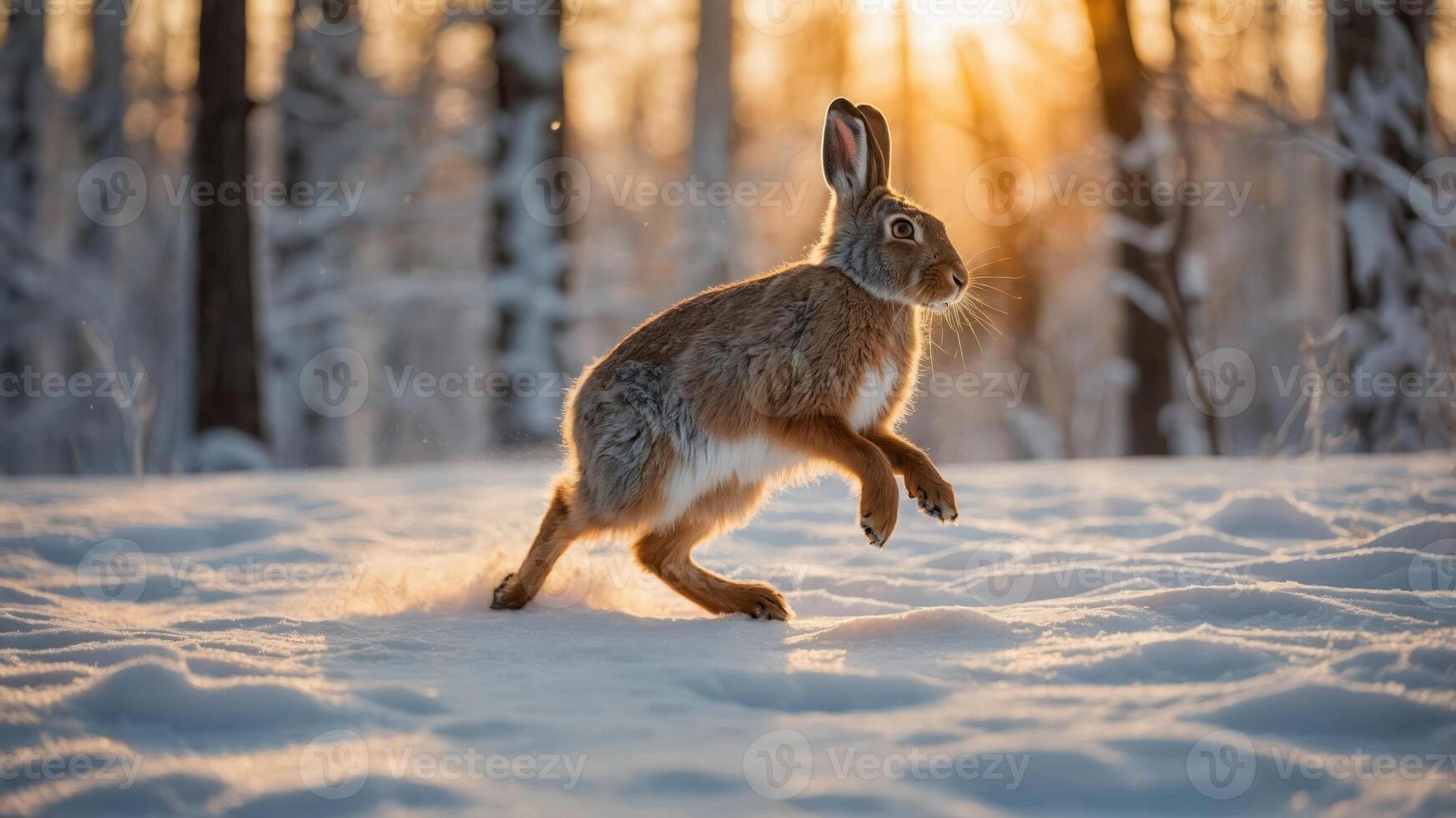 A rabbit hops through a snowy forest at sunset, capturing a serene winter moment. photo