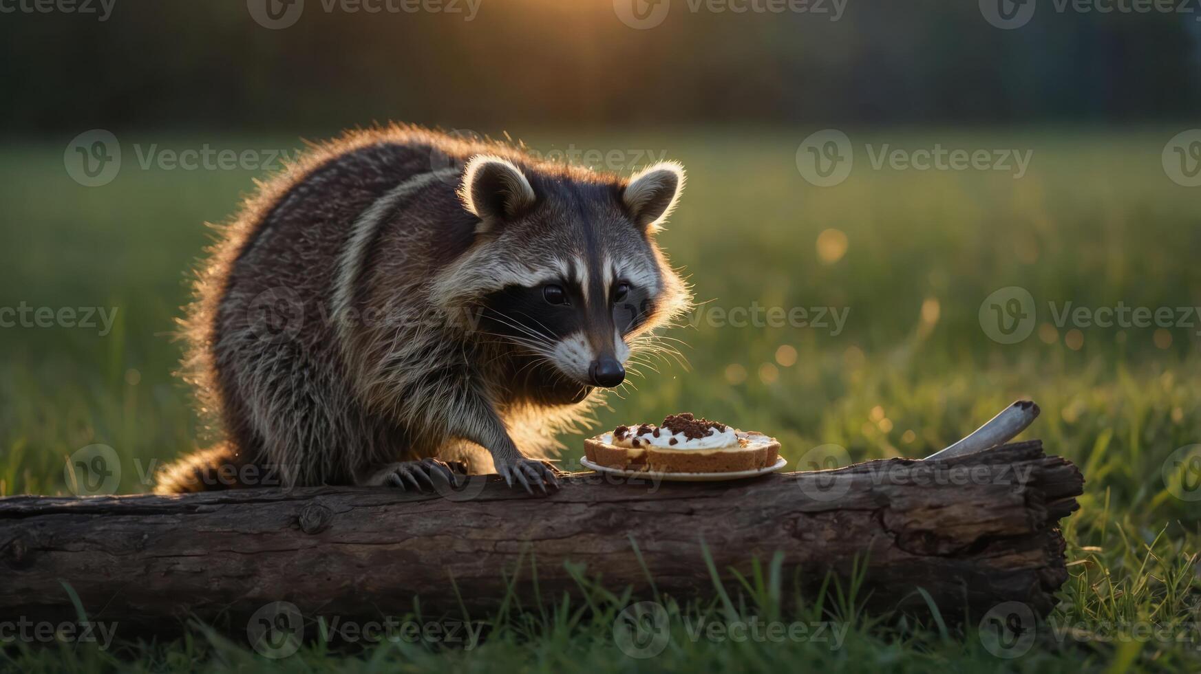 A raccoon curiously approaches a dessert on a log in a grassy field at sunset. photo
