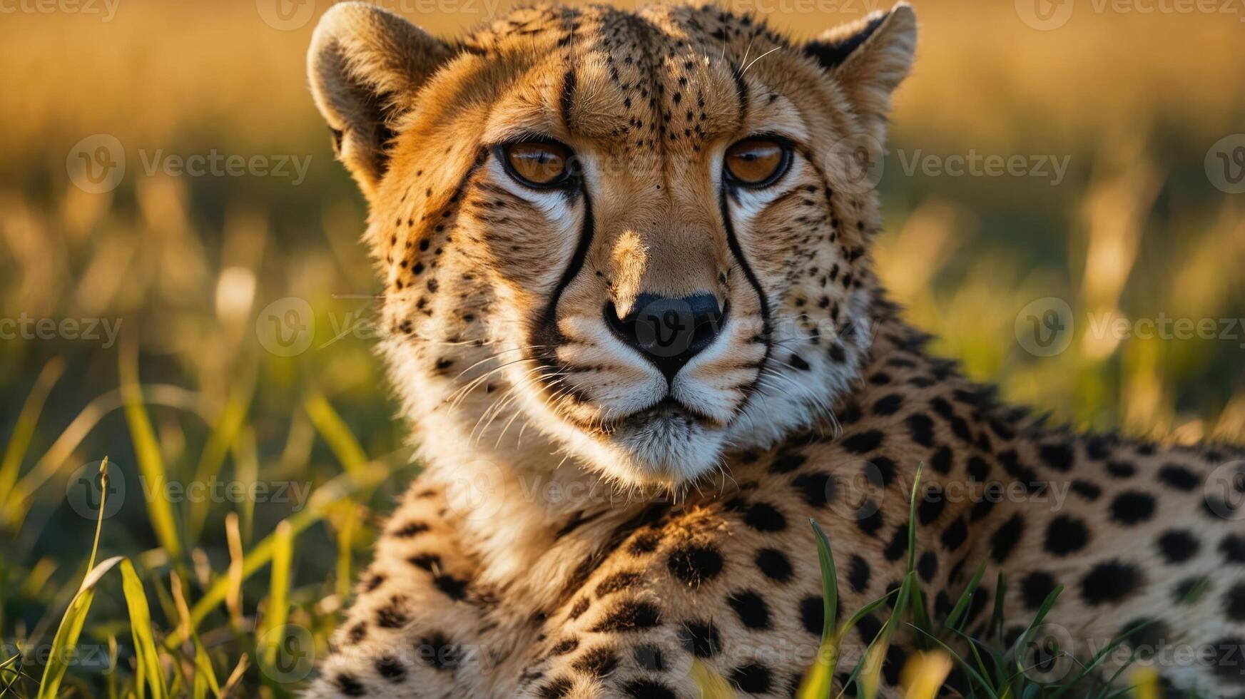 A close-up of a cheetah resting in tall grass, showcasing its distinctive features. photo