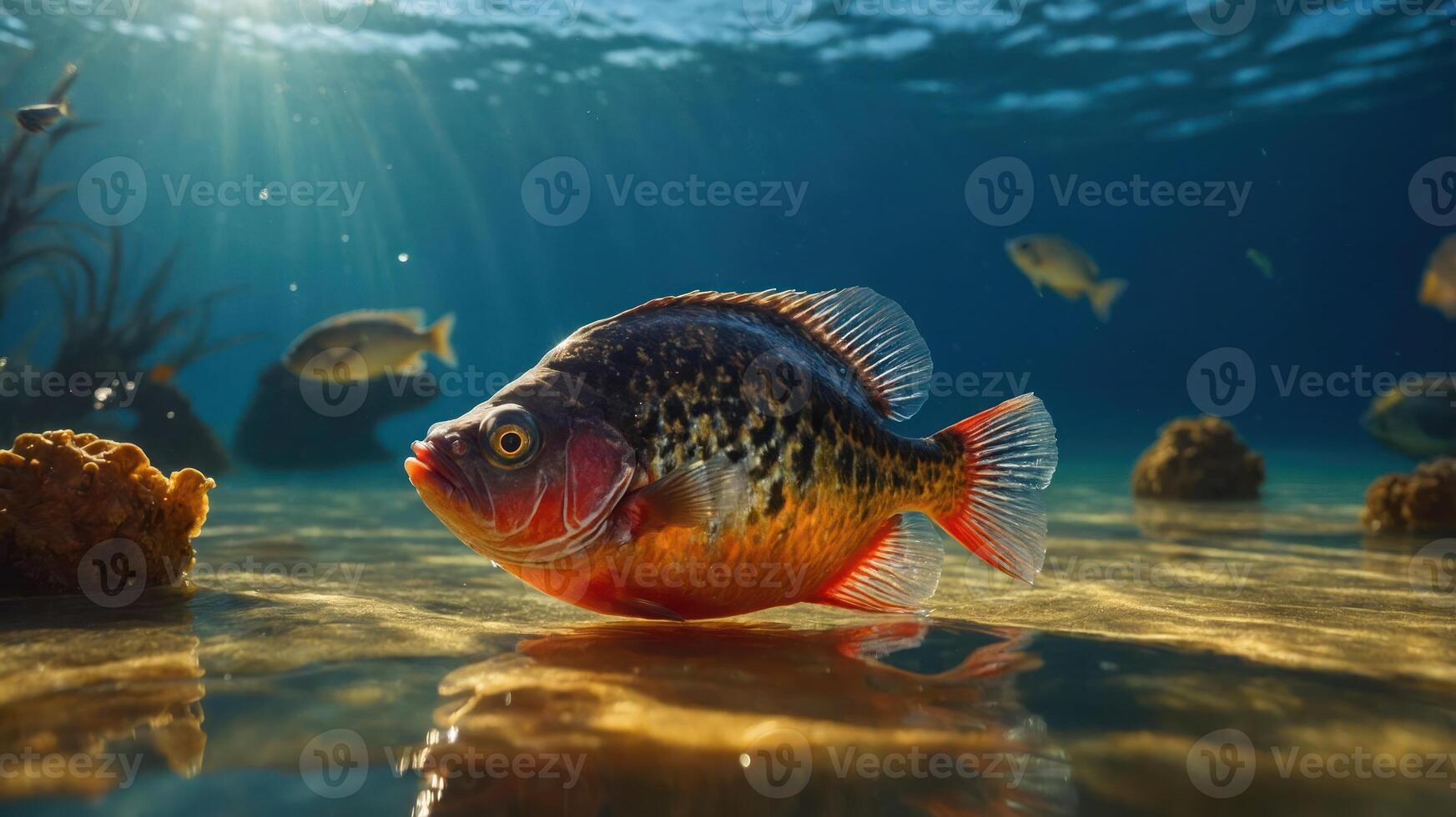 A colorful fish swimming in clear water, illuminated by sunlight beams. photo