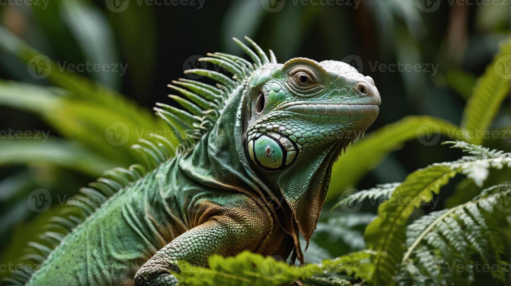A vibrant green iguana perched among lush foliage in a tropical setting. photo